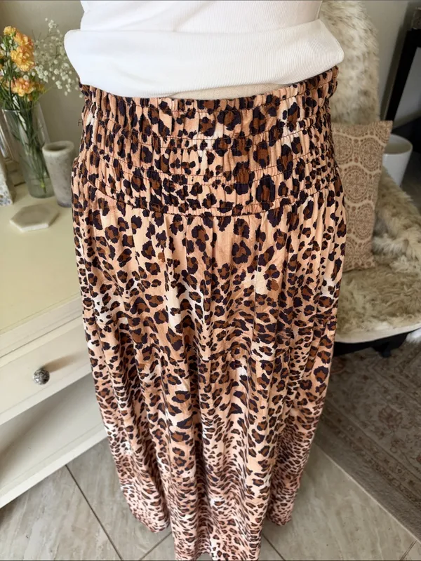 Paper heart pull on boho leopard print linen maxi skirt L - Image 2