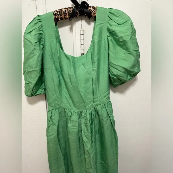 NWT & Other Stories Sea Green Silk Puff Sleeve Tie Back Voluminous Midi Dress 6 - Image 3