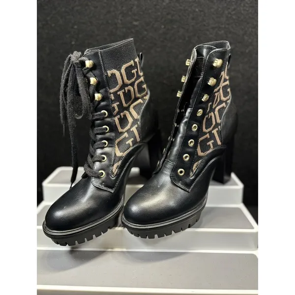 GUESS Women's Grows-R Ankle Boots Knit Logo‎ Platform Black/Tan Size 7.5M - Image 3
