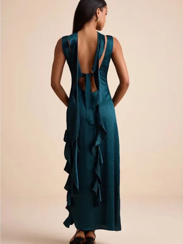 Lulu's Teal Ruffle-Trim Maxi Dress with Long Scarf Tie - Image 3