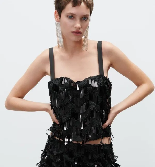 Zara Sequin Cropped Camisole Top Black Size S New - Image 8