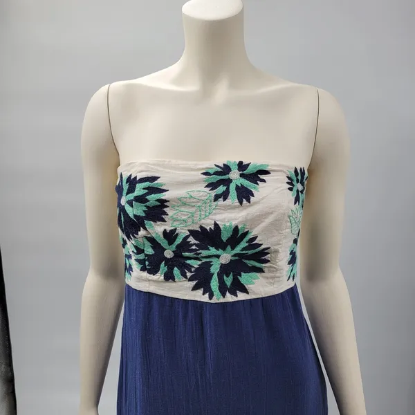 Missy Robertson Strapless Maxi Dress Large Blue Embroidered Floral Boho Summer - Image 6
