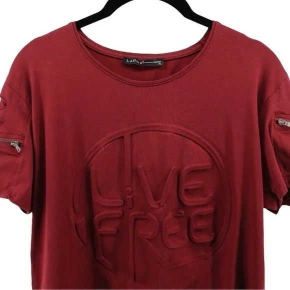 Lagos‎ Wine Red "Live Free" Three Dimensional Tee Artsy Grunge Novelty Rocker XL - Image 3