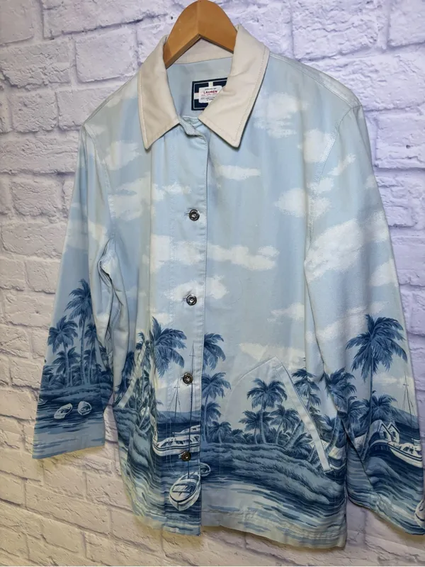 RALPH LAUREN Naval Supply Size M Barn Jacket Blue St Martin Island Boat Print - Image 7