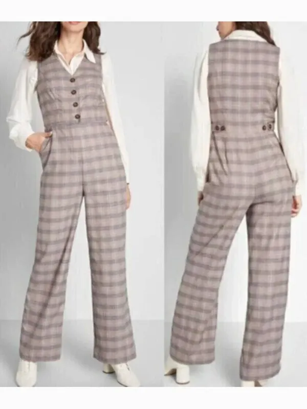 NEW NWT MODCLOTH Plaid Appeal Vest Jumpsuit Tan Brown Blue Sleeveless Retro 70s - Image 2