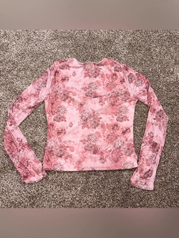 Y2K Pink Floral Mesh Long Sleeve Top Medium M tie Crop - Image 6