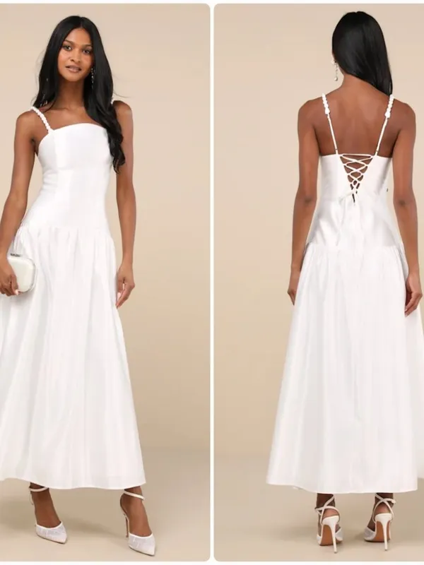 NWT Lulus Modern Adoration White Satin Backless Lace-Up Maxi Dress White Large L - Image 2