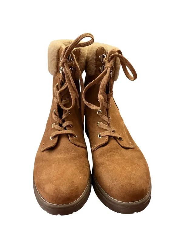 Old Navy Lace Up Combat Boots Faux Fur Trim Lug Sole Brown 8 - Image 2