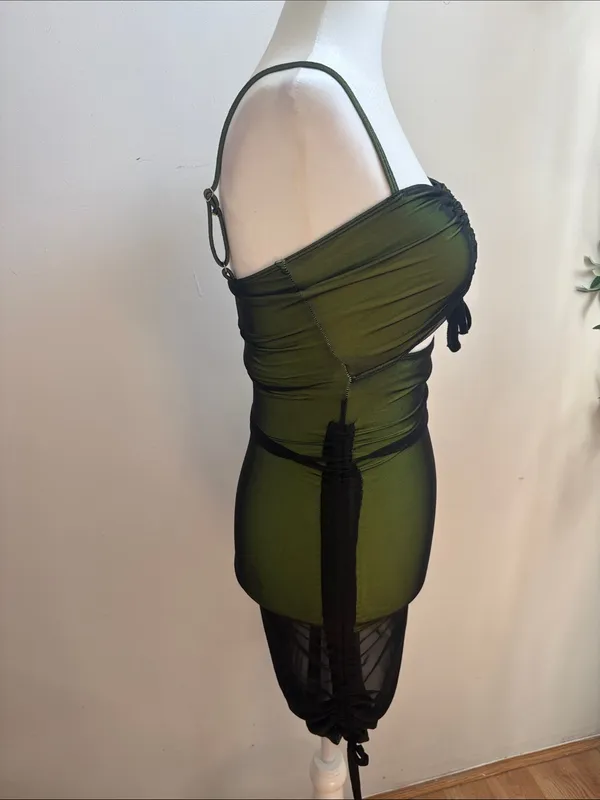 Dolls Kill Olive Green Cutout Mesh Midi Dress with Tie Front - Image 3