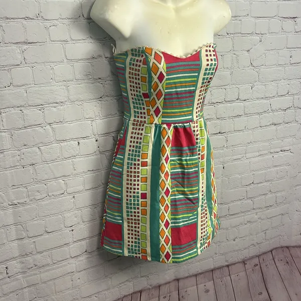Judith March bold neon funky geo printed strapless midi dress cotton Small chic - Image 3
