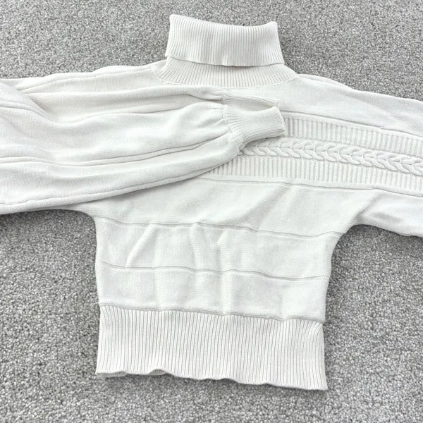 Guess Cream‎ Knit Turtleneck Sweater Balloon Sleeve Cable Knit Casual Retro VTG - Image 3