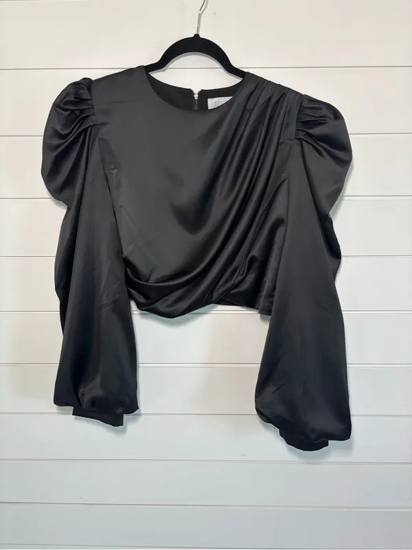 Anthropologie Mare Mare Satin Puff-Sleeve Top Black Draped Puff-Sleeve Blouse - Image 4