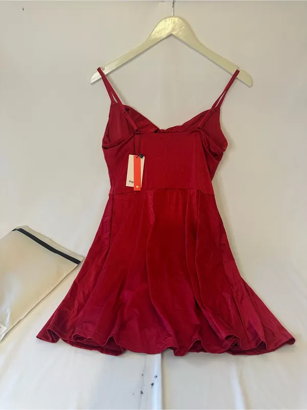Popilush Women’s Red Ruched Strappy Mini Fit & Flare Dress built-in shorts - Image 4