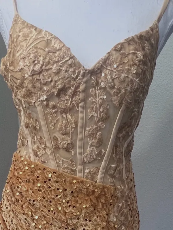 #15-14 Gold Velvet Bustier sequins embroidered appliqué long dress-Small/Size 4 - Image 6
