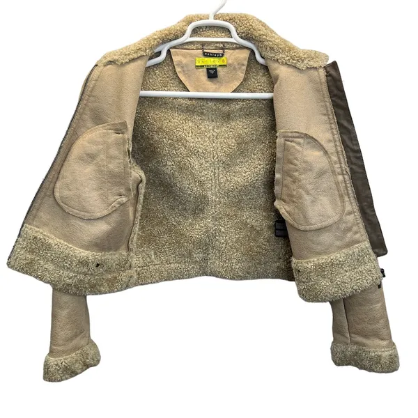 Ashley B Jacket Aviator Faux Shearling Cropped Zippers Biker Moto Beige‎ Size M - Image 8