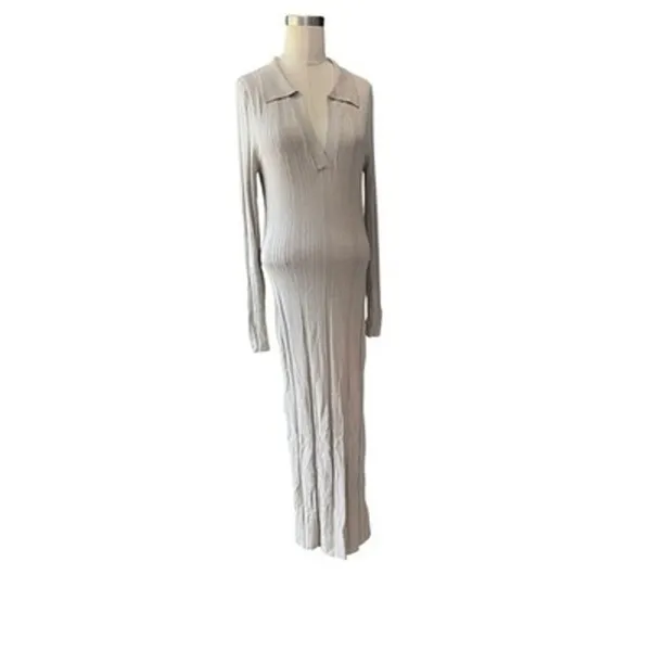 H&M NWT Rib Knit Dress Women's M Beige Tan V Neck Collared Bodycon Midi - Image 3