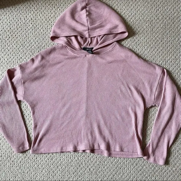 Forever 21 Blush Pink Cropped Ribbed Hoodie Size Small - Image 4