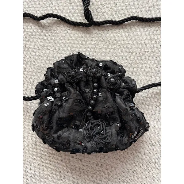 Sparkly Black Sequin Ruched Drawstring Evening‎ Bag - Image 6
