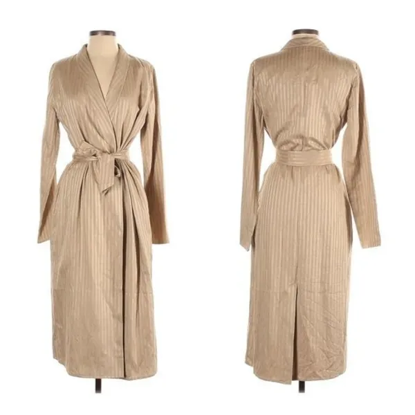 Lovers + Friends Trench Coat Size Small Long Belted Tan Striped Duster - Image 5