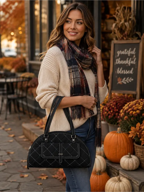 Vera Bradley Sausalito Quilted Handbag in Black Microfiber & Blue Stitch Detail - Image 7