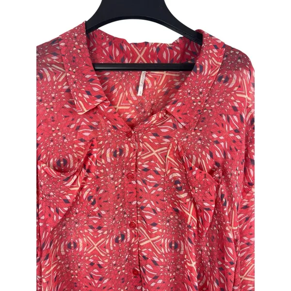 Free People Bright Red/Pink Boho Slouchy Sheer Hi Low Button Up Top S - Image 2