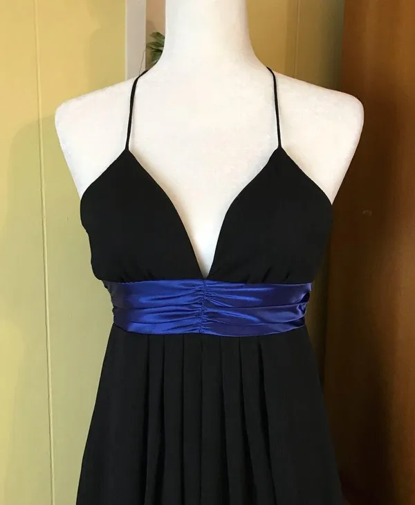 I.N. San Francisco cocktail dress size 3 Ties around neck pleats black blue - Image 14