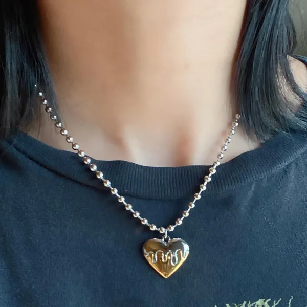 grunge y2k dripping heart fully stainless steel ball chain necklace💛 - Image 6