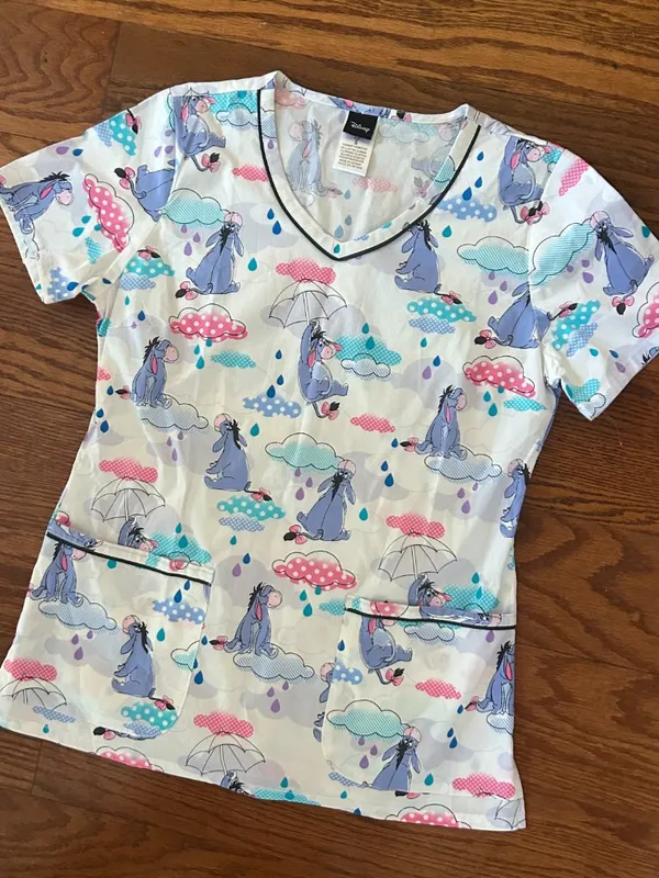 Disney Eeyore Sunshower Womens Scrub Top V-Neck Short Sleeve Pockets Size Small - Image 5