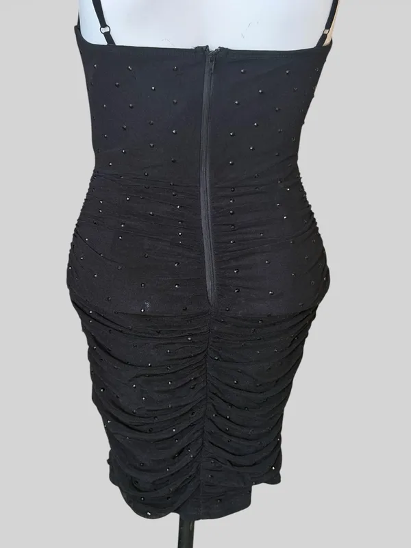 Black Sheer Mesh Bodice Ruched Mini Dress - Image 7
