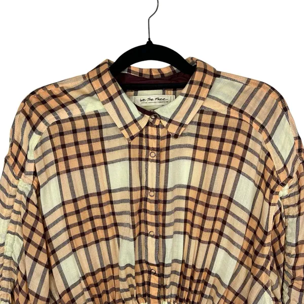 Free People‎ Peach Pacific Dawn Plaid Pull String Sleeve Snap Button Shirt M - Image 2