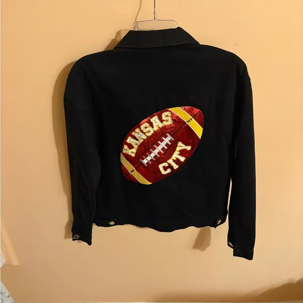 NWOT Queen of Sparkles Black Kansas City Chiefs Denim Jean Jacket - Image 3