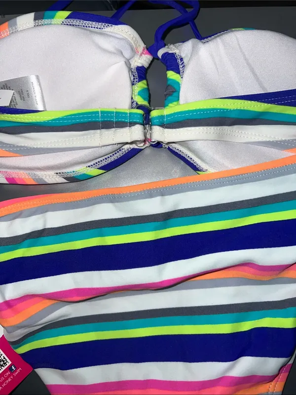 Hula Honey Women’s ' Stripe Bikini Set - Teal, Blue, Pink, Orange Small bandeau - Image 7