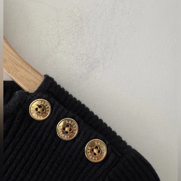 Lauren Ralph Lauren Women’s Black & Metalic Gold‎ Ribbed Sweater Button Detail - Image 5