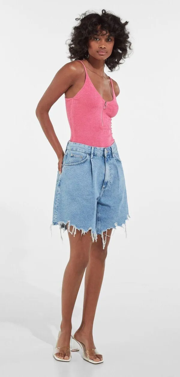 Bershka Pink Velvet Half Zip Up Bodysuit Top Shirt - Image 2