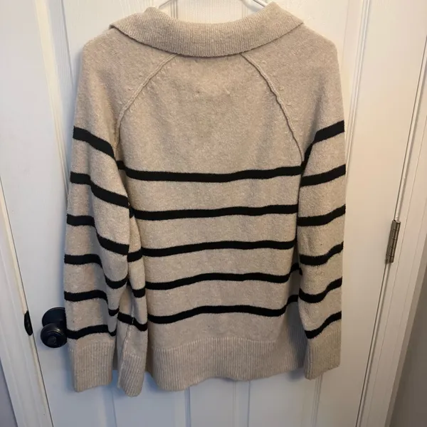 Aerie Beige & Black Striped Collared Sweater - Image 2