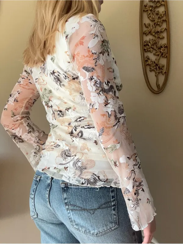 Wrapper Y2K White V-Neck Sheer Top - Image 9