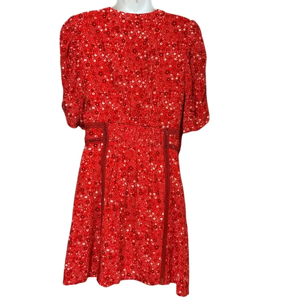 Free People Red Floral V-Neck Mini Dress Crochet Lace Trim Puff Sleeve Medium - Image 2