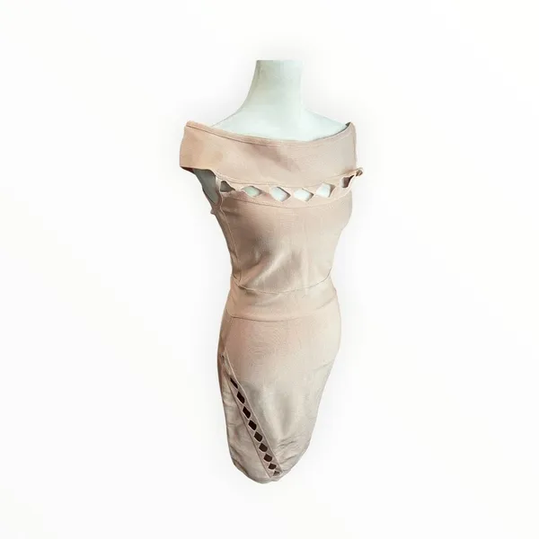 House of CB Ramah Blush Pink Bandage Cutout Off Shoulder Midi Dress M - Image 4
