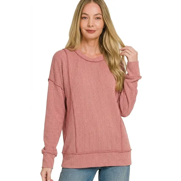 Zenana Corded Rib Long Sleeve‎ Round Neck Top - Winter Rose - Large - Image 2