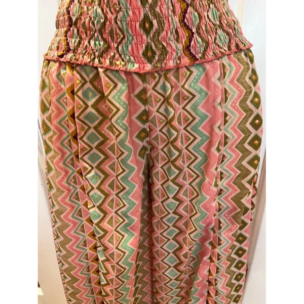 Silk Blend Wide-Leg Pants Pink Earth Tone Geometric Print Bohemian Resort Wear - Image 2