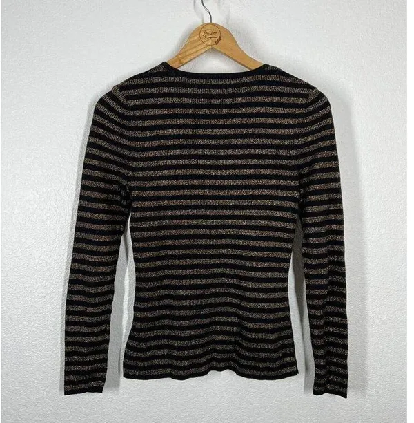 &Other Stories Striped Ribbed Knit Sweater Size Small S Black Gold Metallic - Image 5
