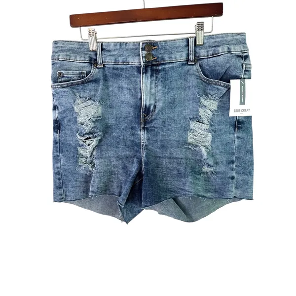 True Craft Denim‎ Shorts High-Rise Distressed Blue Wash Plus Size 18W - Image 2