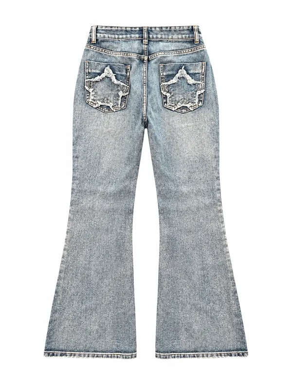 ROMWE Star Patch Flare Jeans Size 2 grunge med wash Distressed Frayed Y2K edgy - Image 3