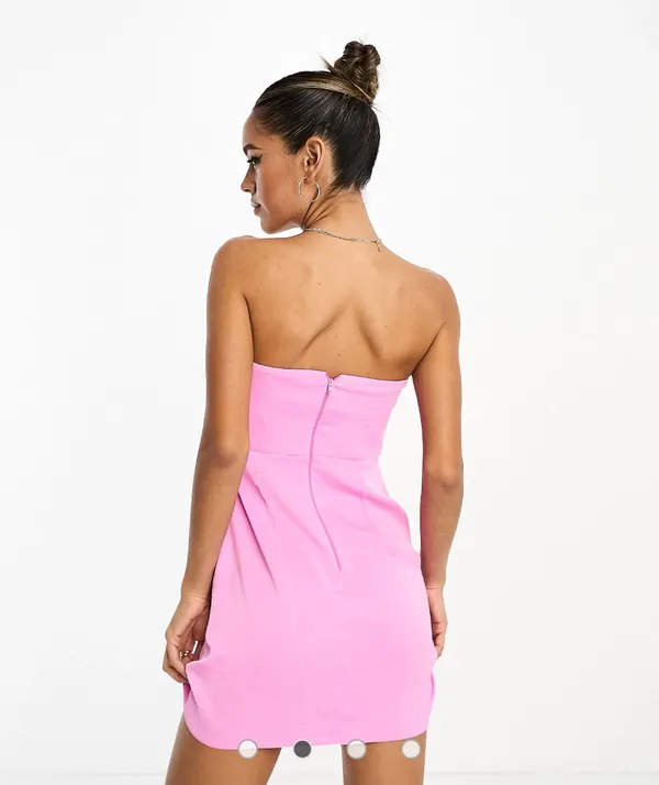 ASOS DESIGN satin bandeau mini dress with gathered waist detail in pink - Image 2