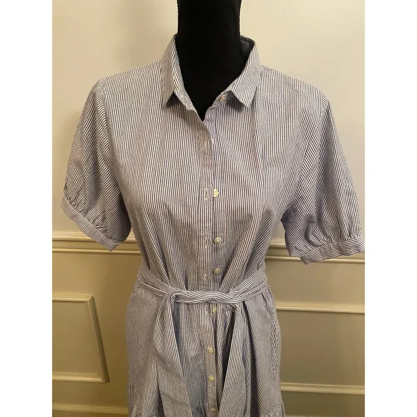 Gingy Tiered Cotton Blue White Striped Seersucker Maxi Shirt Dress Button Front - Image 2