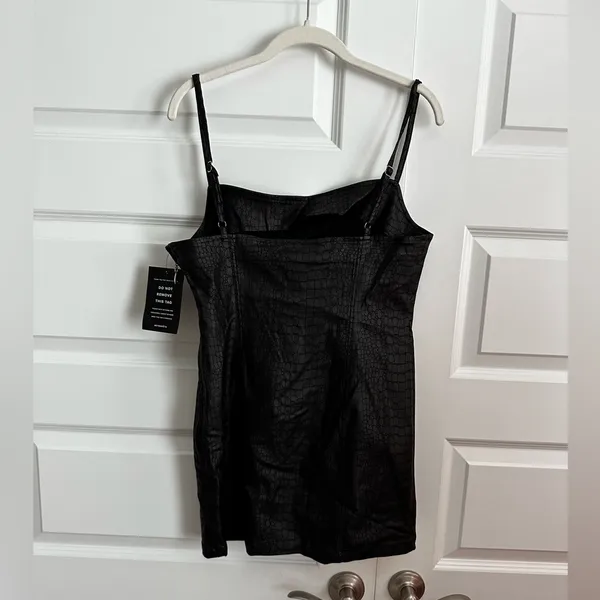 Retrofete Jourdana Coated‎ Denim Mini Bodycon Dress in Black Gator Size L NWT - Image 5