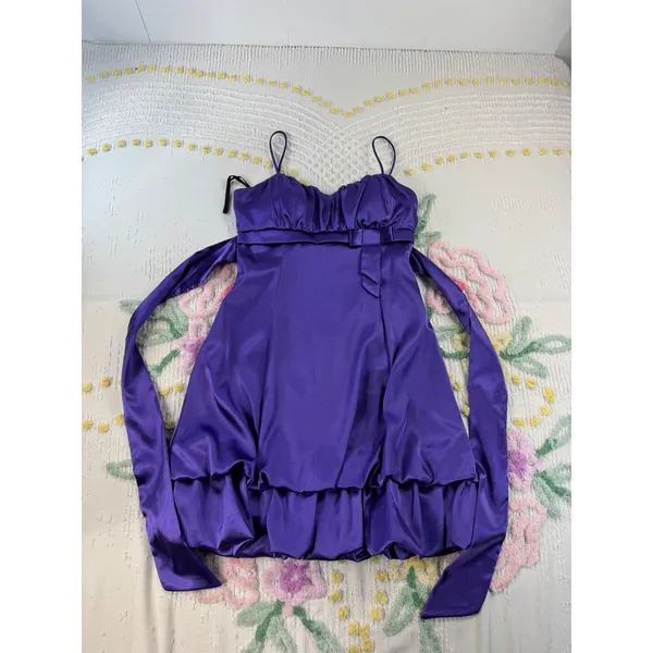 Rory vtg USA Purple Satin Bubble Hem Cocktail Dress Sweetheart‎ Back Bow Mini 6 - Image 4