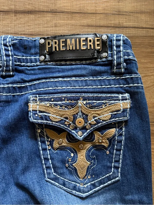 Premier emblished low rise distressed dark wash bootcut denim jeans 3/4 grunge - Image 11