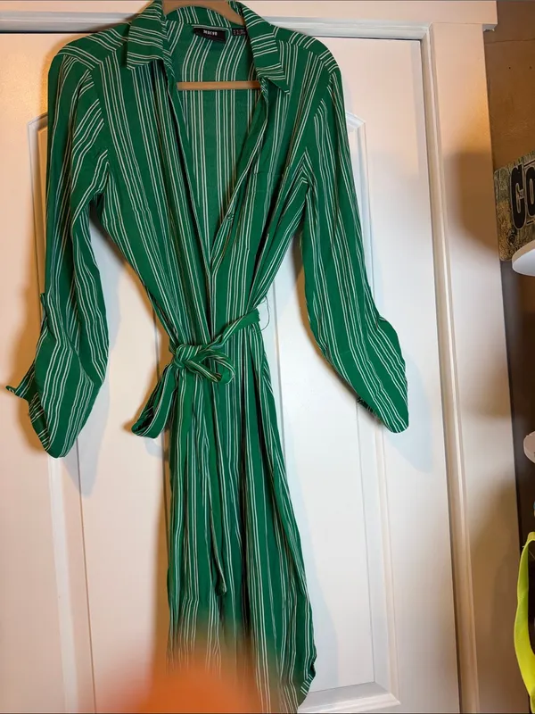 Maeve‎ Green Striped Midi Shirt Dress with Tie Waist 8 - Image 3