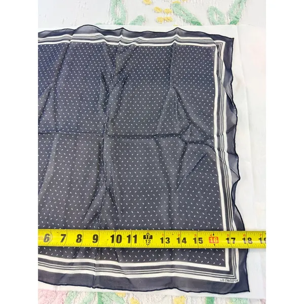 Liz‎ Claiborne vtg Navy Blue Polka Dot Square Scarf Sheer Striped Border 19x19 - Image 4